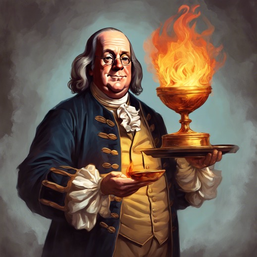 Ben Franklin with a flaming chalice